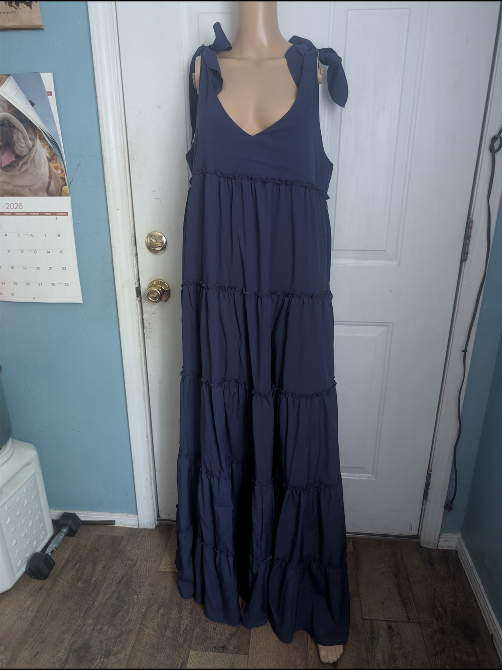 Ursime. Tie-Shoulder Navy Maxi Dress - Sleeveless Tiered Summer Dress